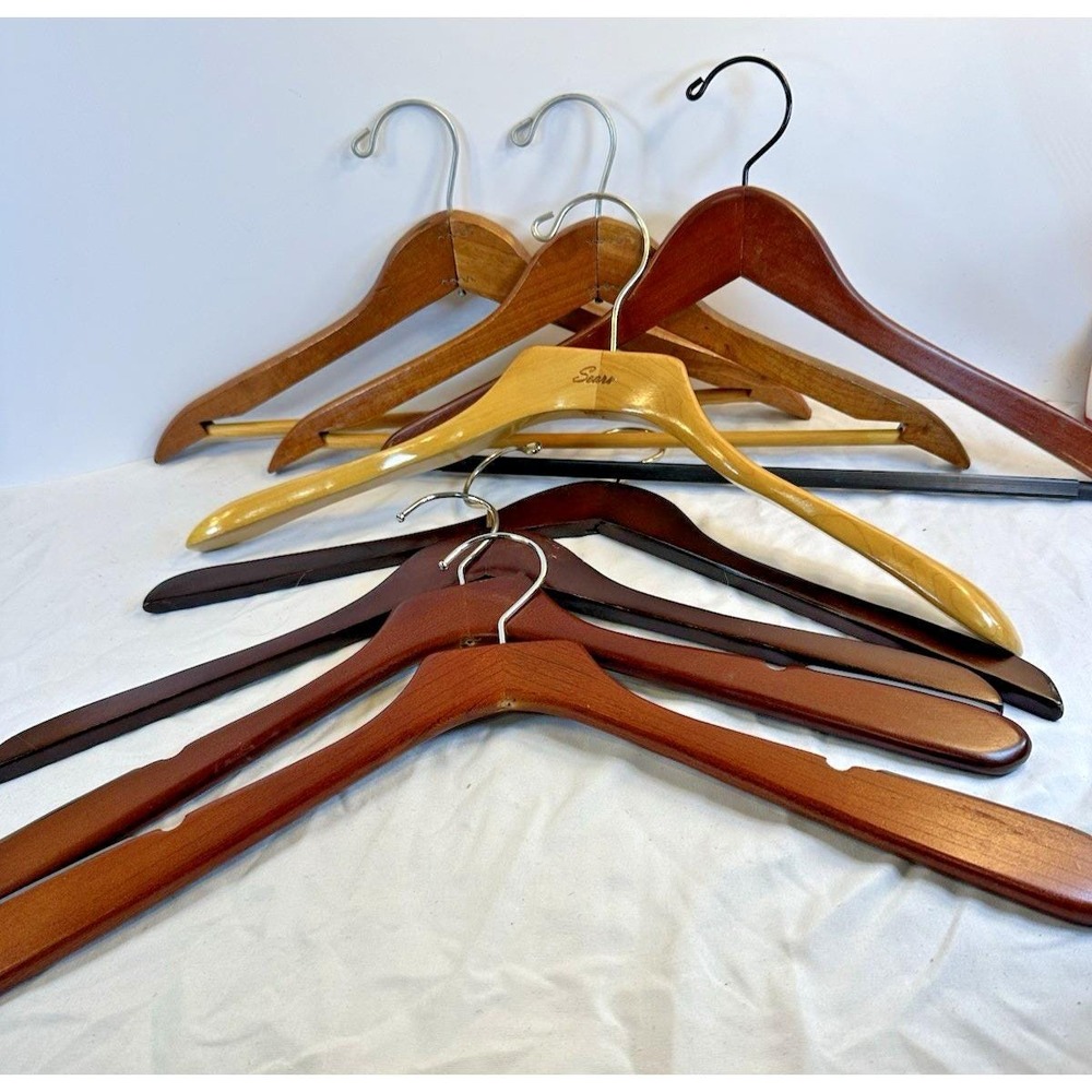 Lot of 8 Vintage Wooden Suit Hangers Sears Menswear Setwell Charles Levier Signe
